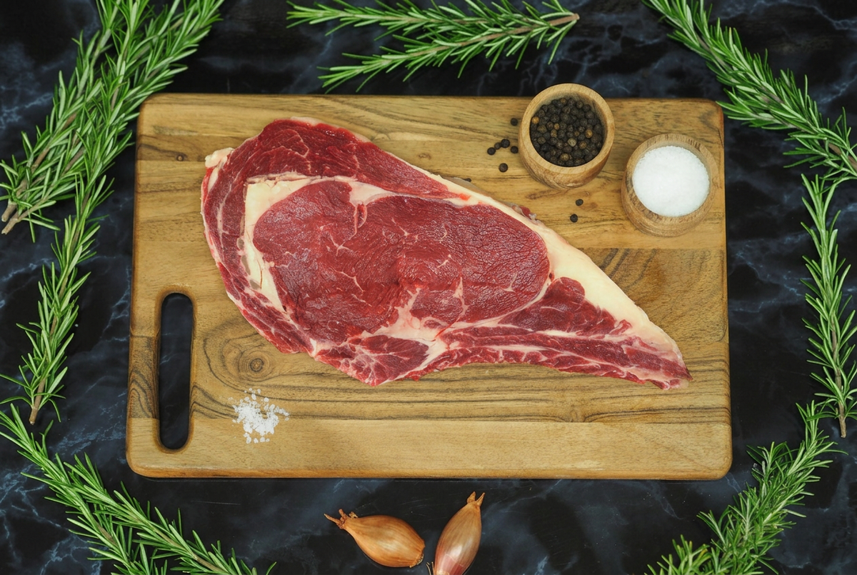 Entrecôte de bœuf sur planche en bois
