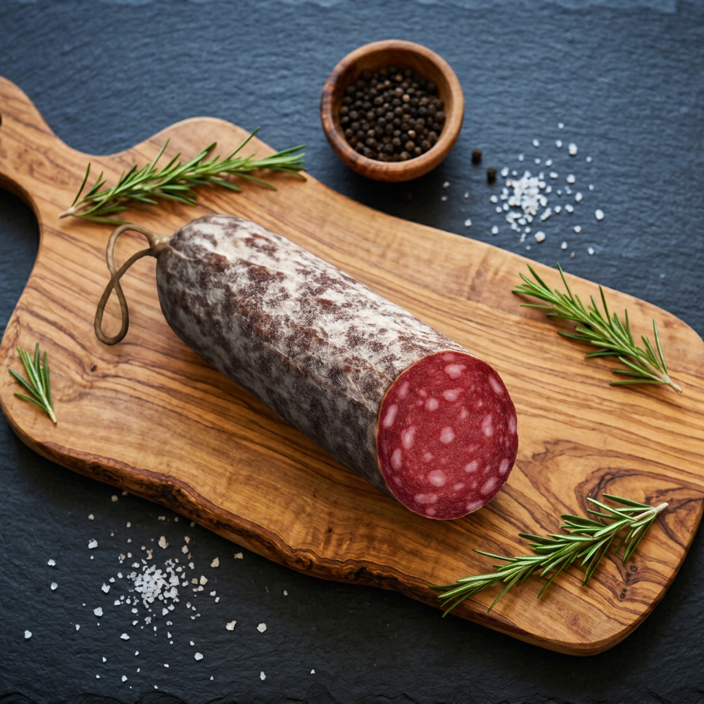 Saucisson de bœuf sec sur planche en bois d'olivier, fond ardoise