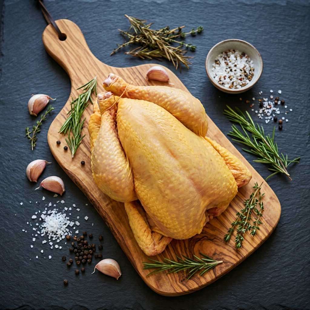 Poulet fermier entier sur planche en bois d'olivier avec herbes, fond ardoise