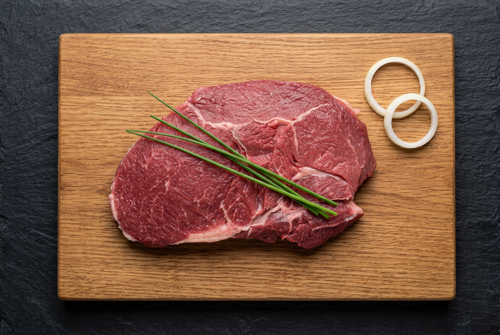Rumsteck de bœuf sur planche en bois ardoise