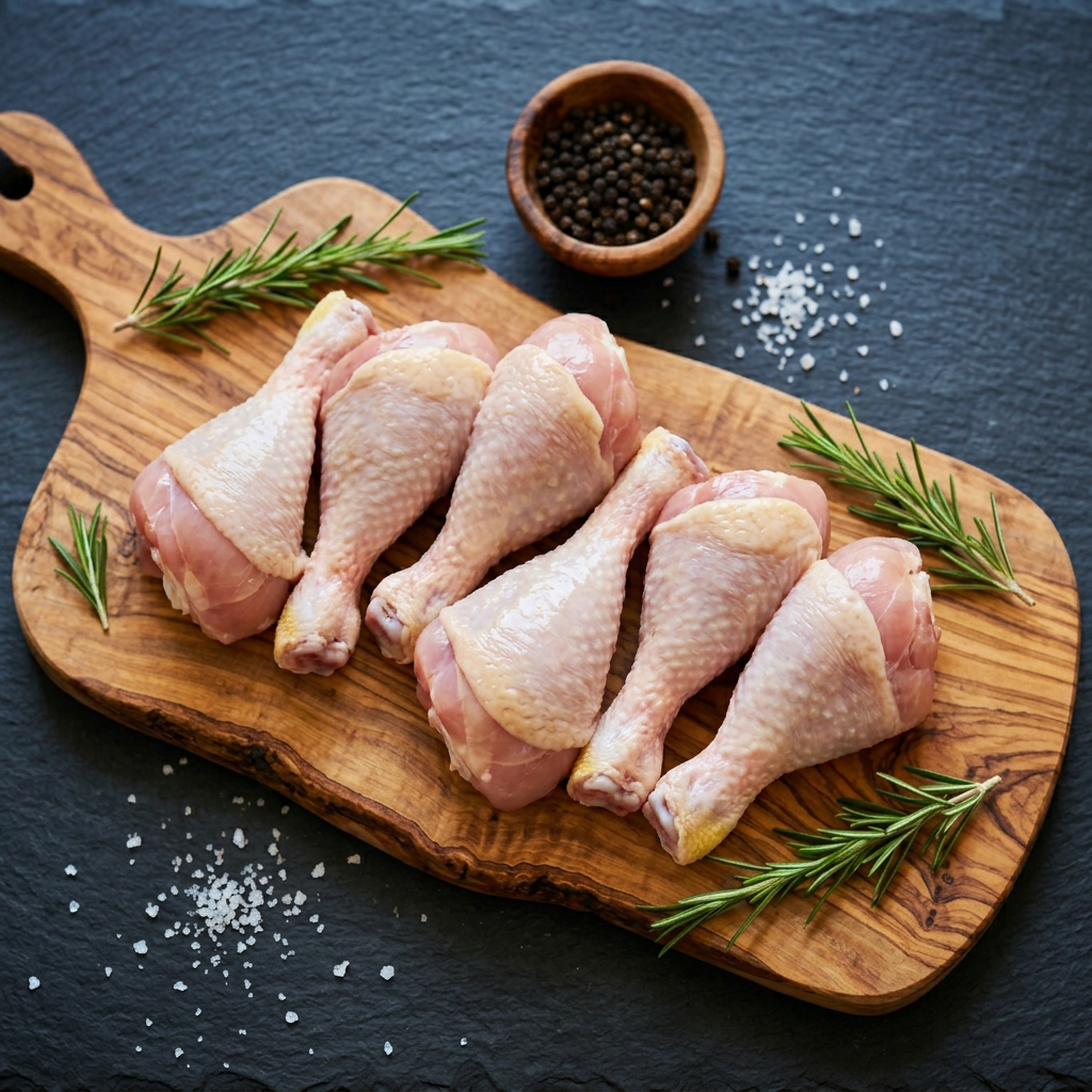 Pilons de poulet sur planche en bois d'olivier, fond ardoise