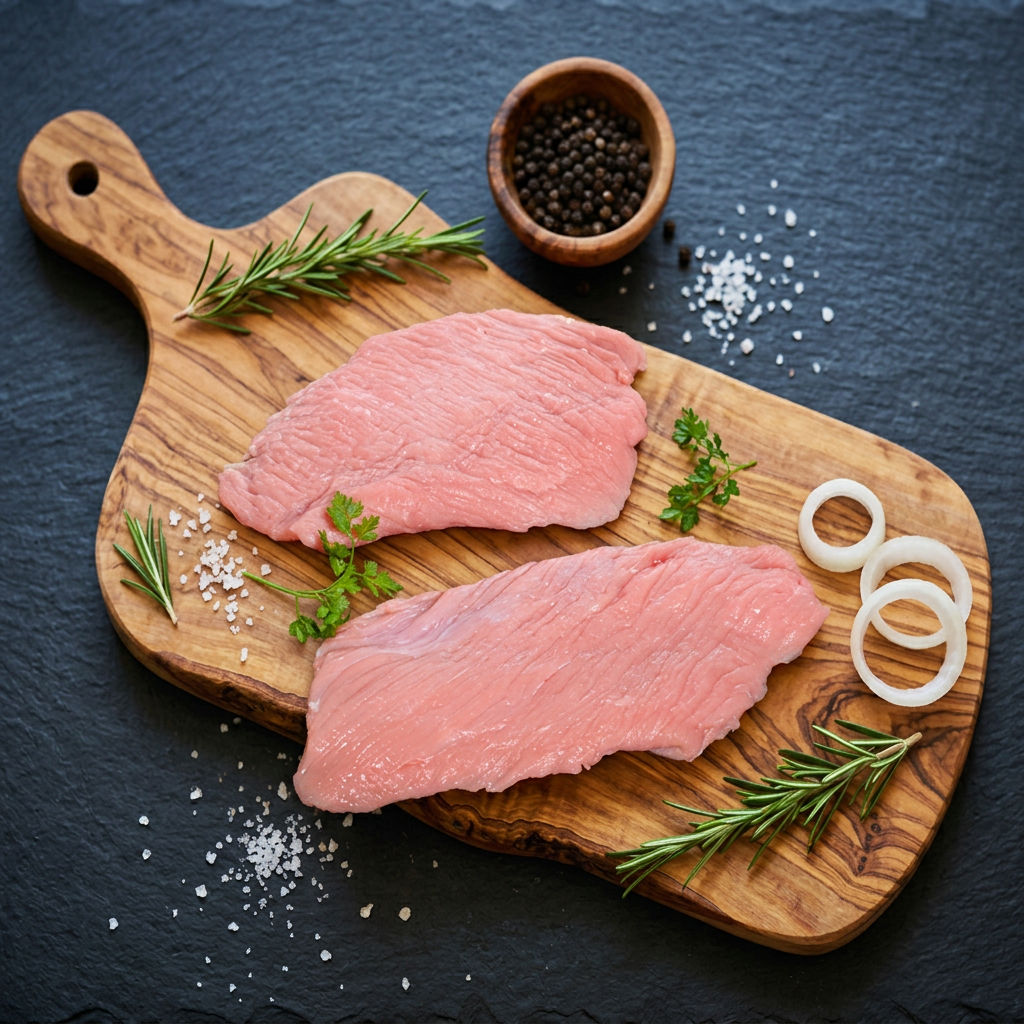 Escalopes de veau sur planche en bois d'olivier, fond ardoise