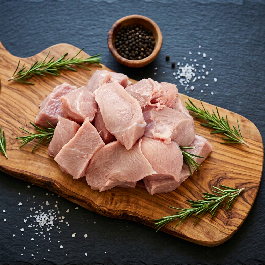 Blanquette de veau sur planche en bois d'olivier, fond ardoise