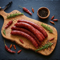 Merguez piquante sur planche en bois d'olivier avec piments rouges, fond ardoise