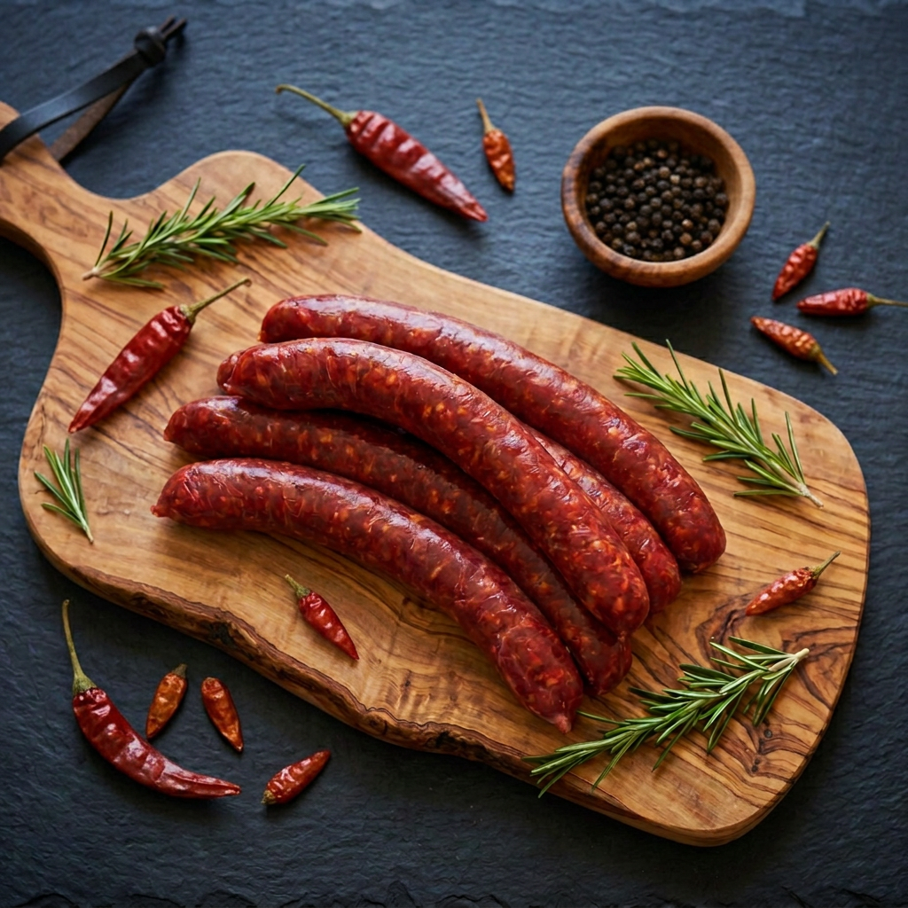 Merguez piquante sur planche en bois d'olivier avec piments rouges, fond ardoise