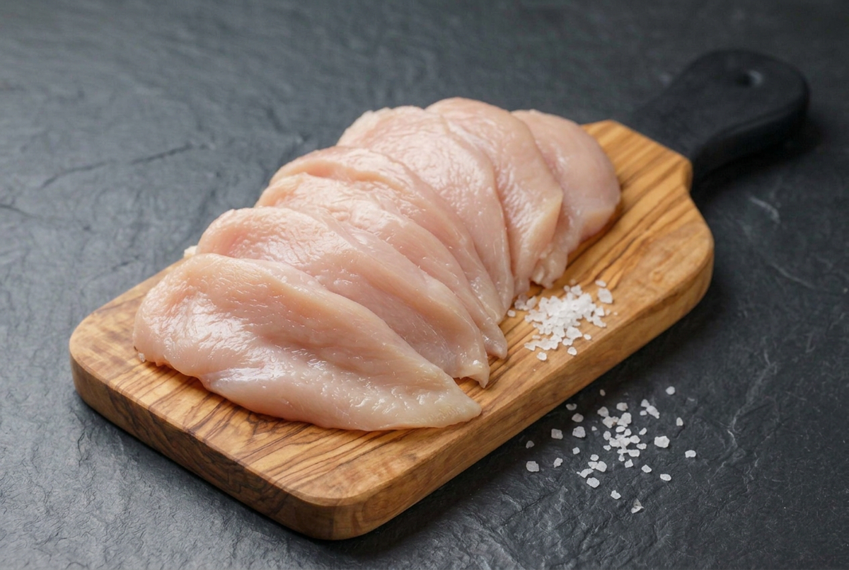 Escalope de poulet fraîche sur planche en bois