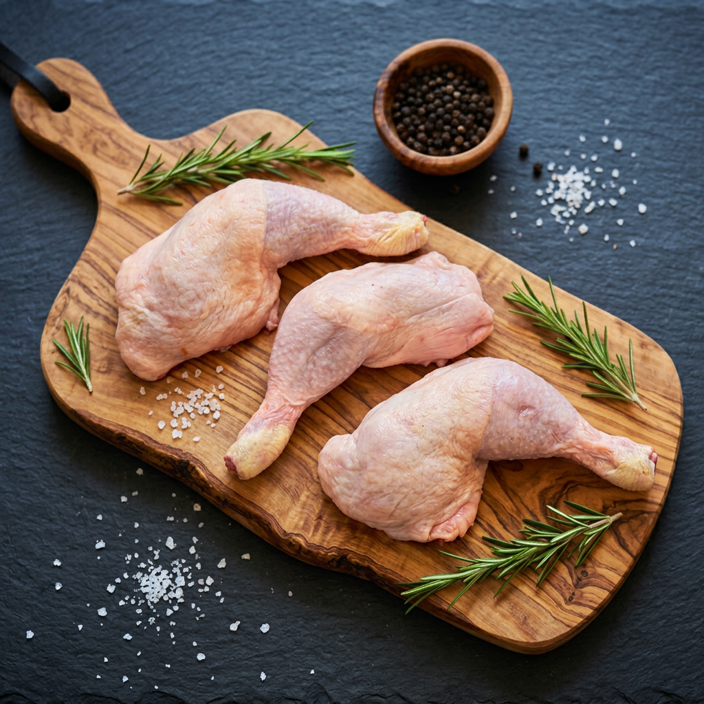 Cuisses de poulet sur planche en bois d'olivier, fond ardoise