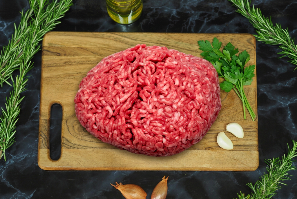 Viande hachée de bœuf sur planche en bois