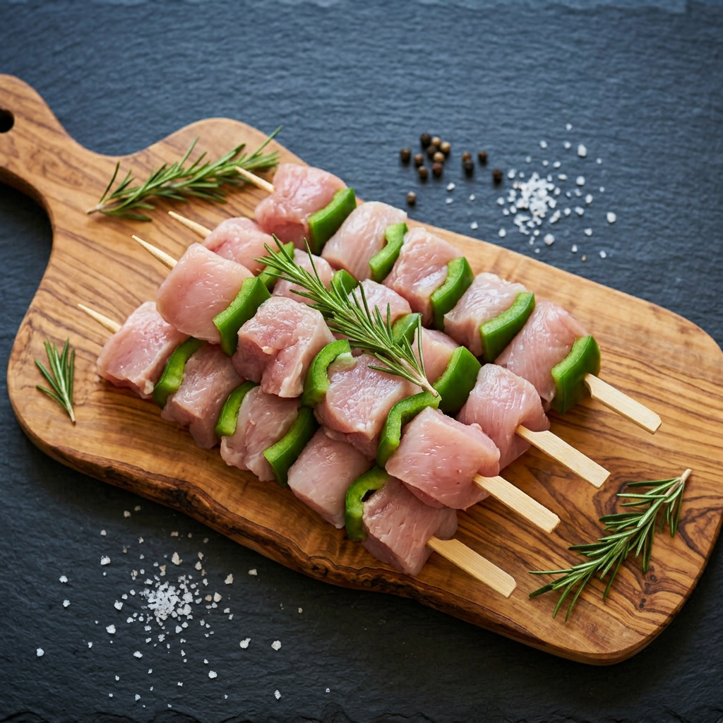 Brochettes de dinde sur planche en bois d'olivier, fond ardoise