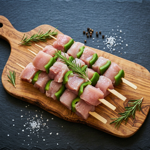 Brochettes de dinde sur planche en bois d'olivier, fond ardoise