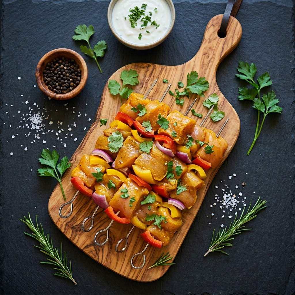 Chich taouk sur planche en bois d'olivier, fond ardoise