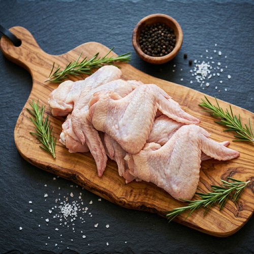 Ailes de poulet sur planche en bois d'olivier, fond ardoise