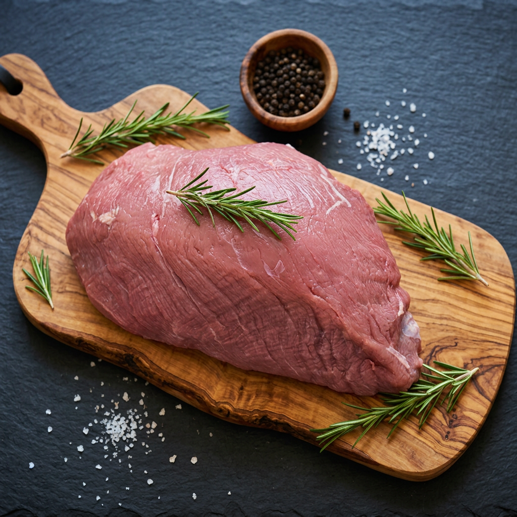 Noix de veau sur planche en bois d'olivier, fond ardoise