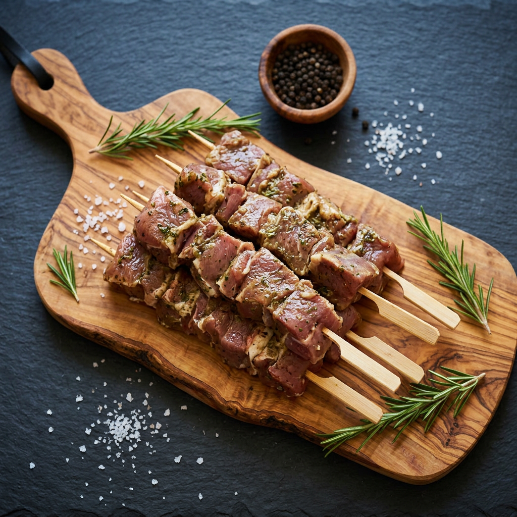 Brochettes d'agneau sur planche en bois d'olivier, fond ardoise