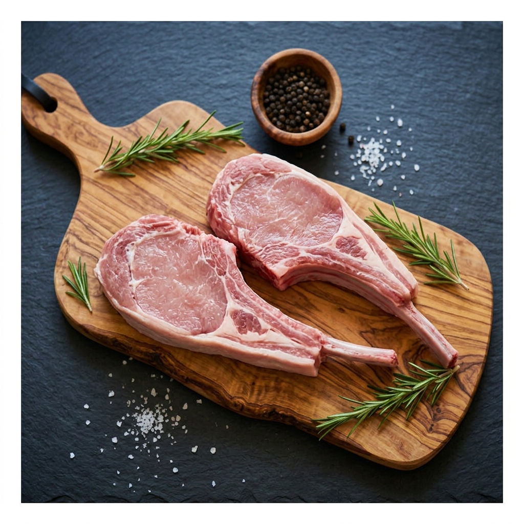 Côtes de veau sur planche en bois d'olivier, fond ardoise