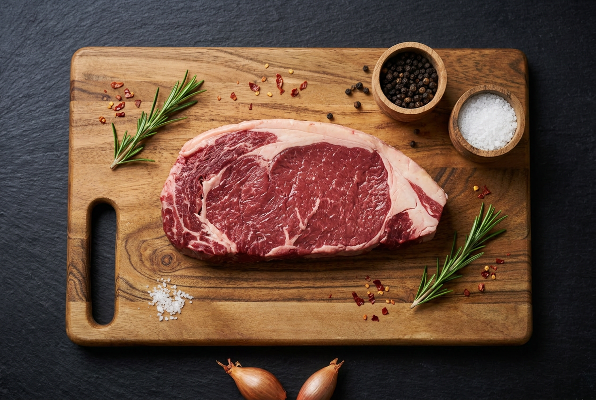 Rumsteck de bœuf sur planche en bois ardoise