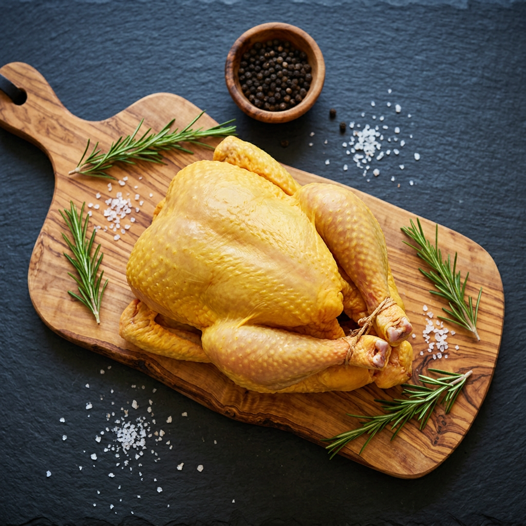 Poulet fermier entier sur planche en bois d'olivier, fond ardoise