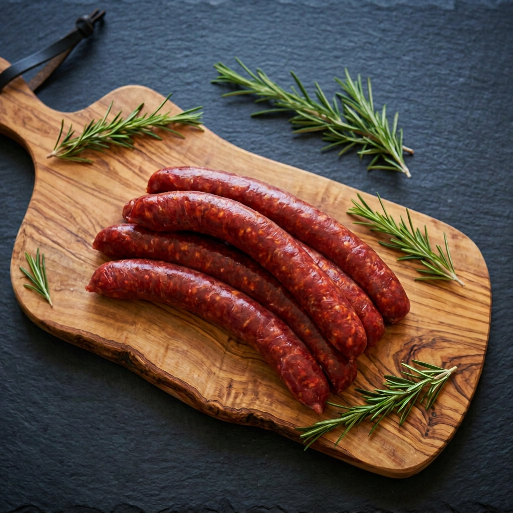 Merguez non piquante sur planche en bois d'olivier, fond ardoise