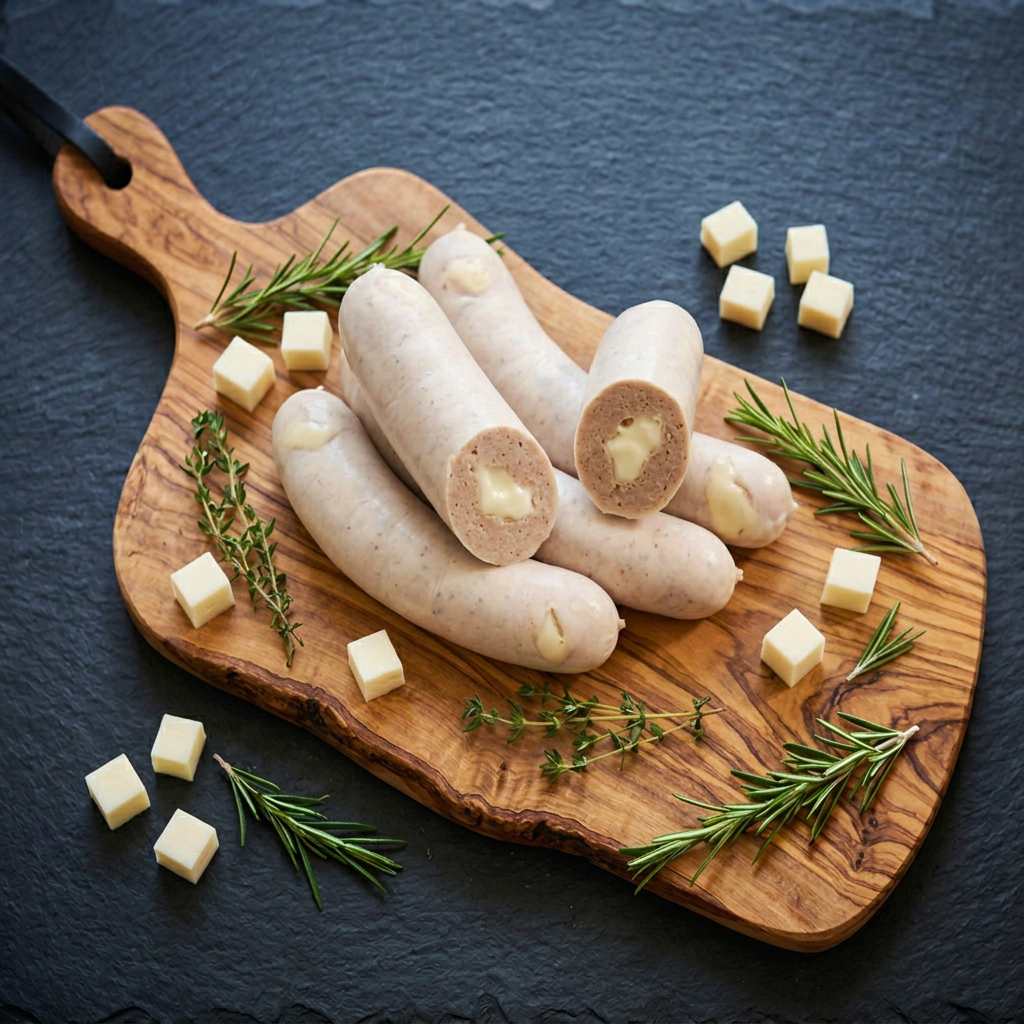 Saucisses blanches au fromage sur planche en bois d'olivier, fond ardoise