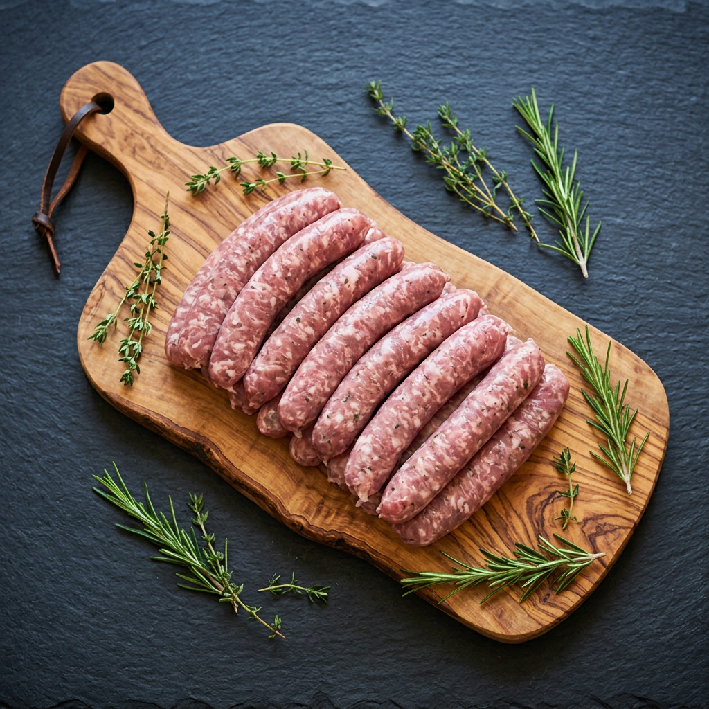 Chipolatas sur planche en bois d'olivier, fond ardoise
