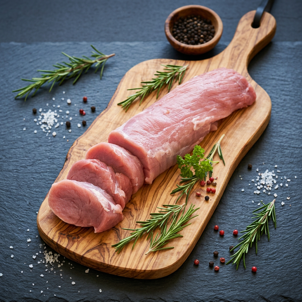 Filet mignon de veau sur planche en bois d'olivier, fond ardoise