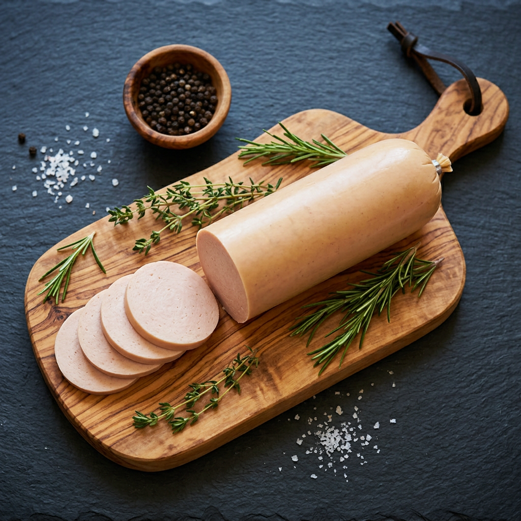 Saucisson de poulet sur planche en bois d'olivier, fond ardoise